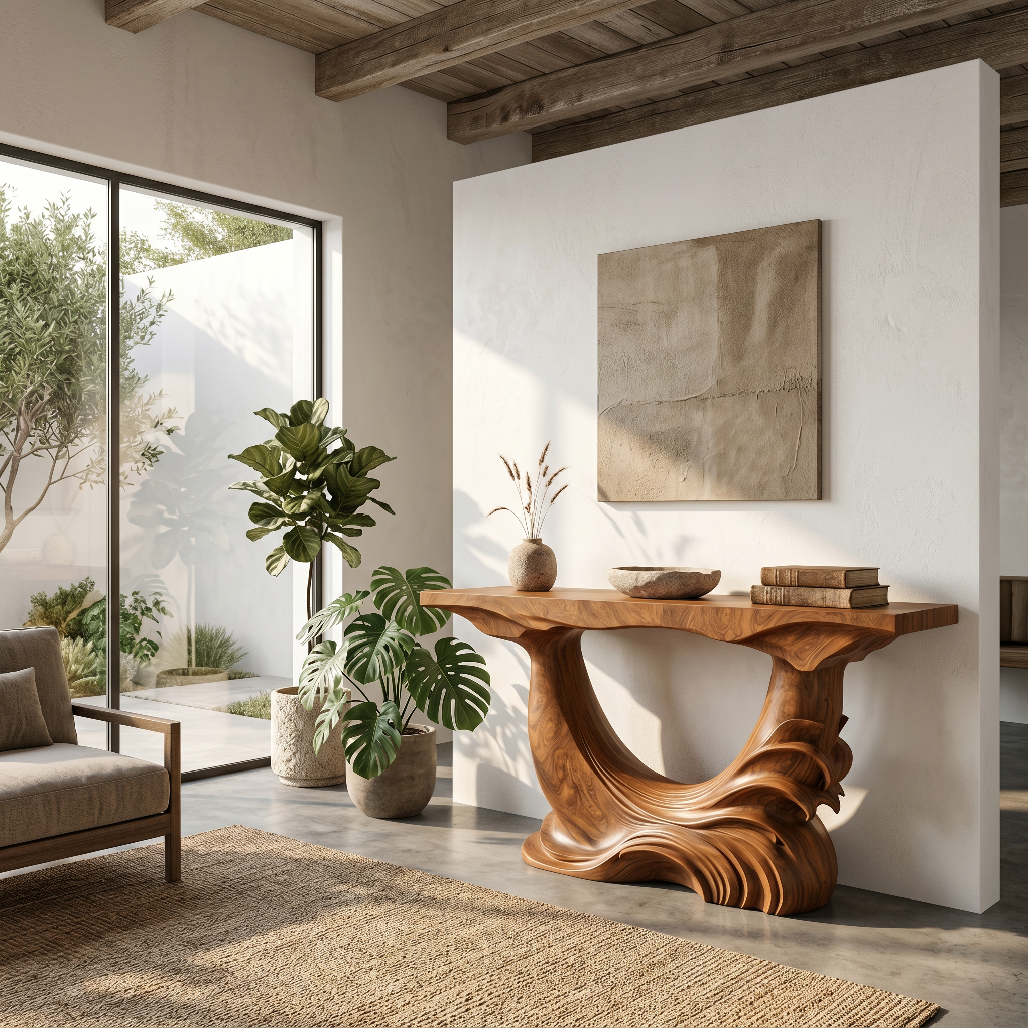 Natural Console Table With Flowing Wood Sculpture For Hallway - view 6 of 8