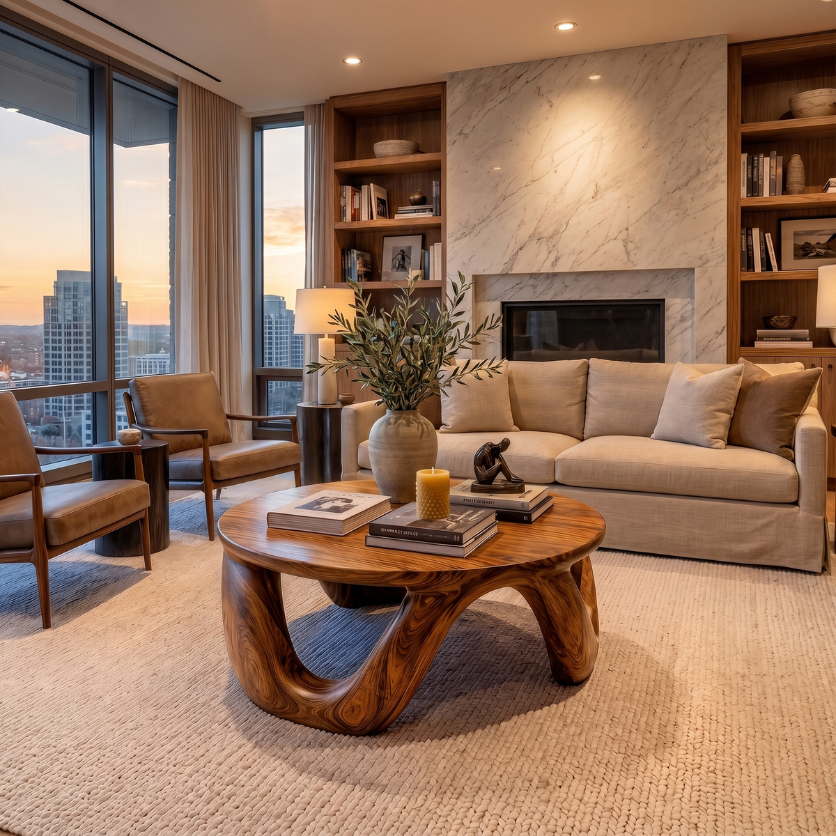 Modern Coffee Table With Round Solid Wood Top And Artistic Sculptural Base For Living Room - view 6 of 8