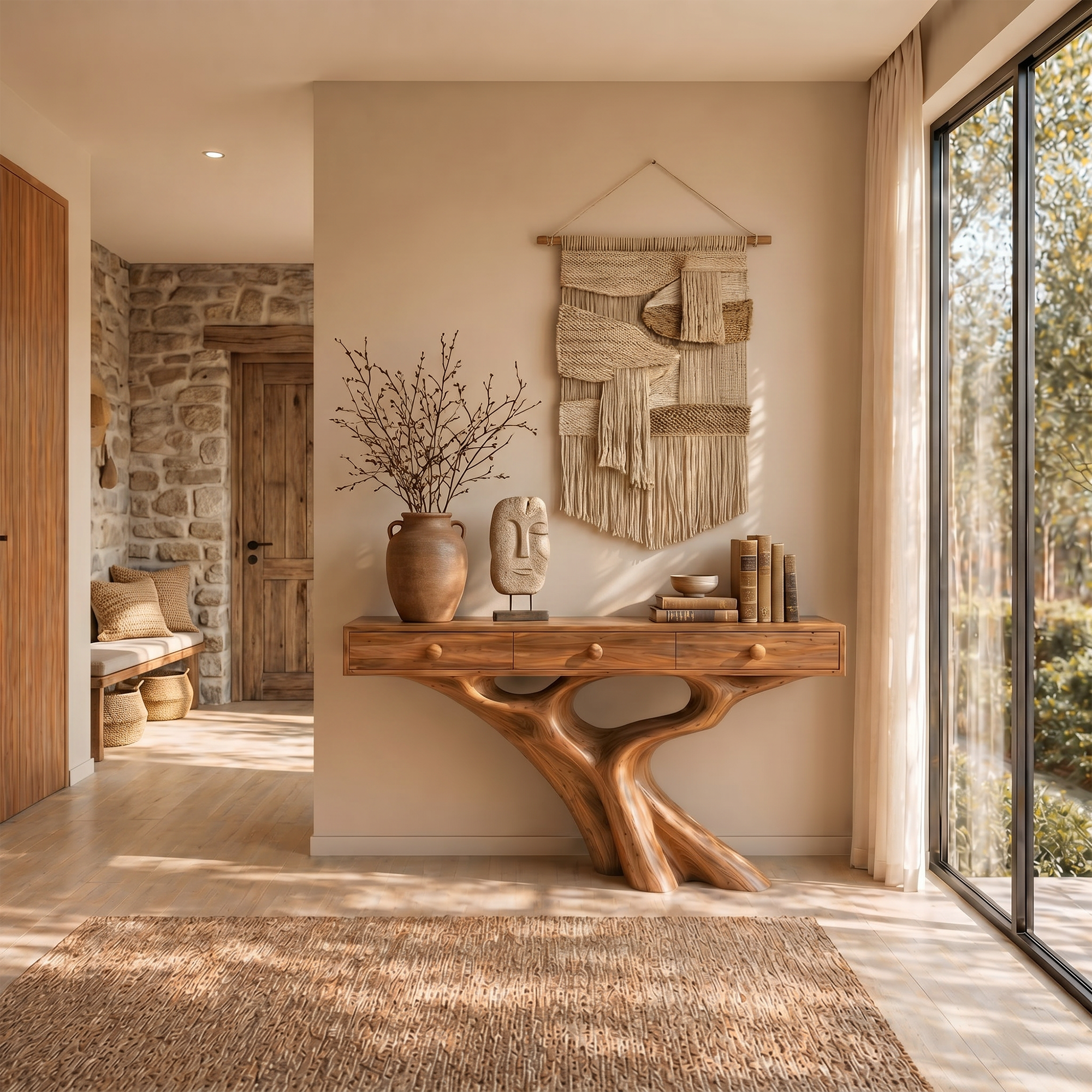 Organic Console Table With Built In Storage Cabinet And Sculptural Curved Wood Base For Entryway And Living Room - view 6 of 8