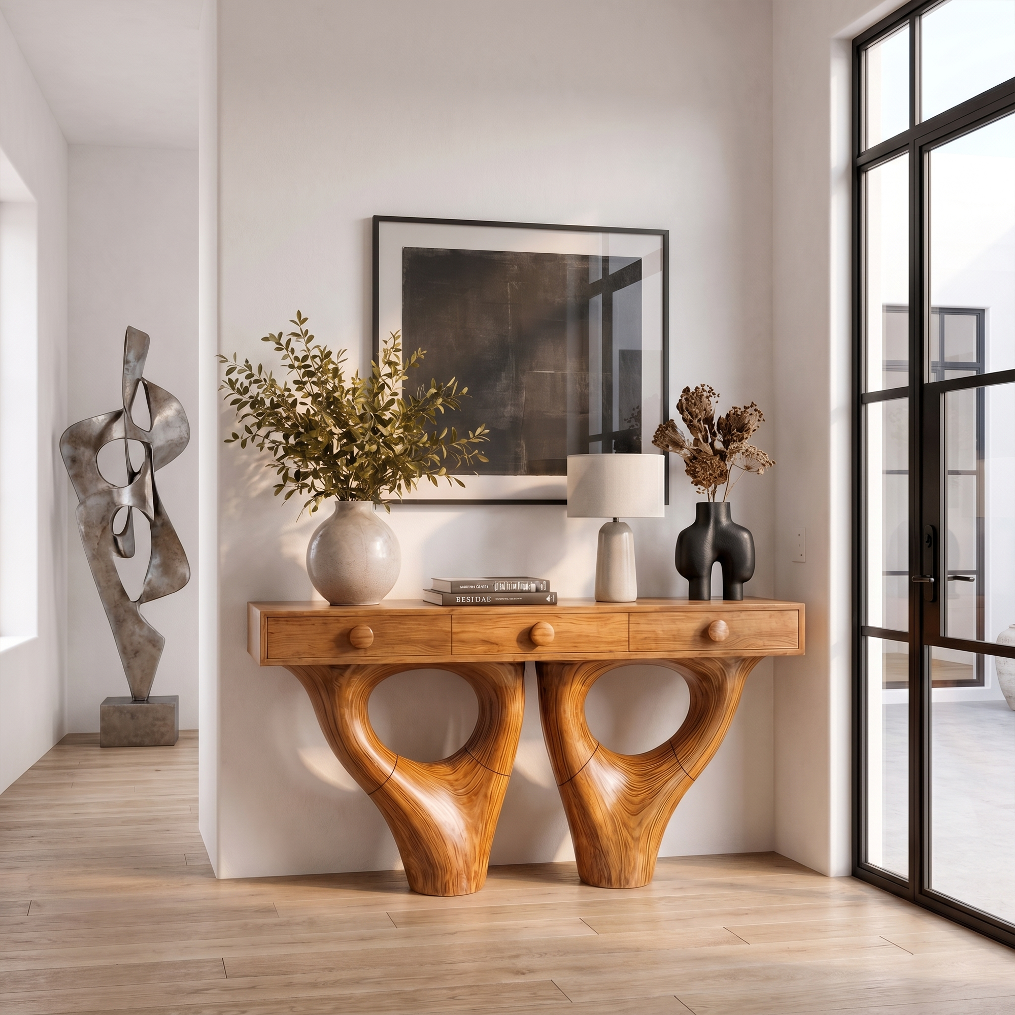 Rustic Console Table With Sculptural Double Pedestal Wood Base And Solid Wood Top For Entryway And Living Room - view 6 of 8