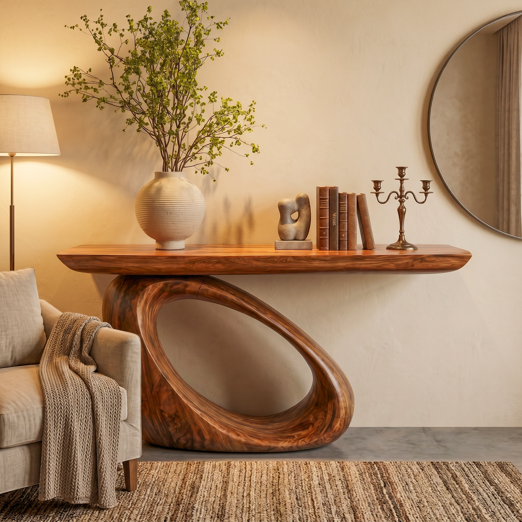 Modern Organic Console Table With Sculptural Loop Pedestal Wood Base For Entryway And Living Room - view 6 of 8