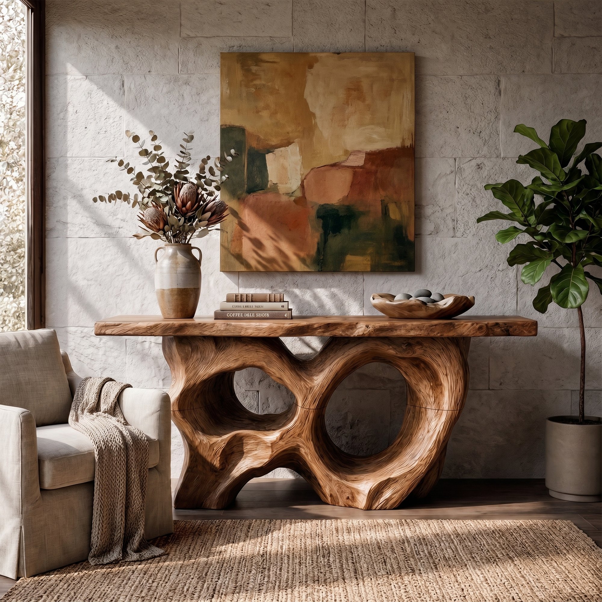 Modern Console Table With Sculptural Asymmetrical Wood Base  For Living Room - view 6 of 8