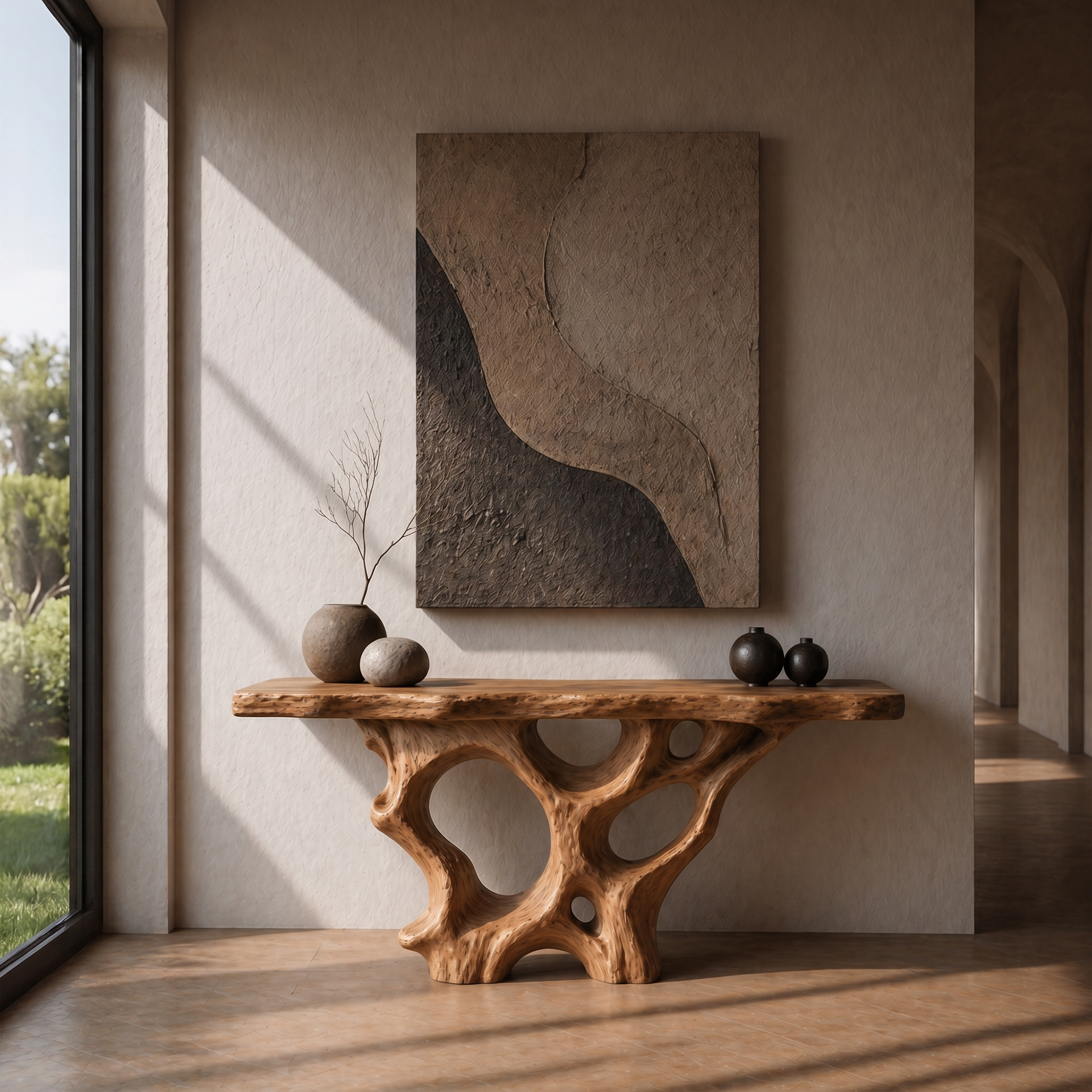 Organic Unique Console Table With Sculptural Natural Wood Base For Living Room - view 6 of 8