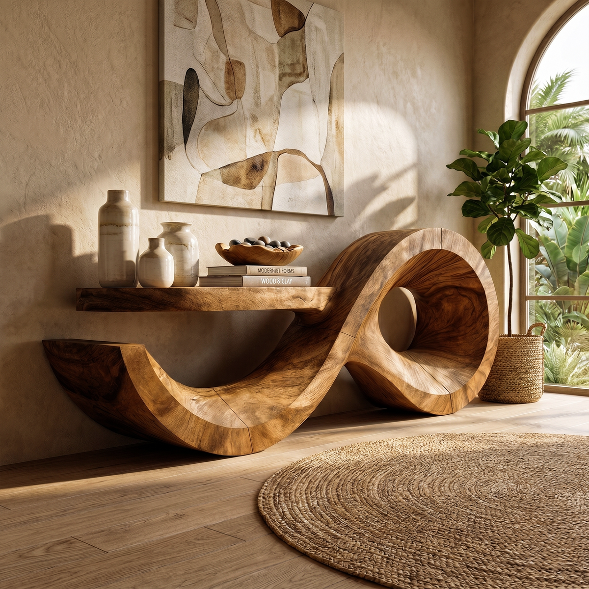 Contemporary Console Table With Sculptural Wave Wood Base And Solid Wood Top For Living Room - view 6 of 8