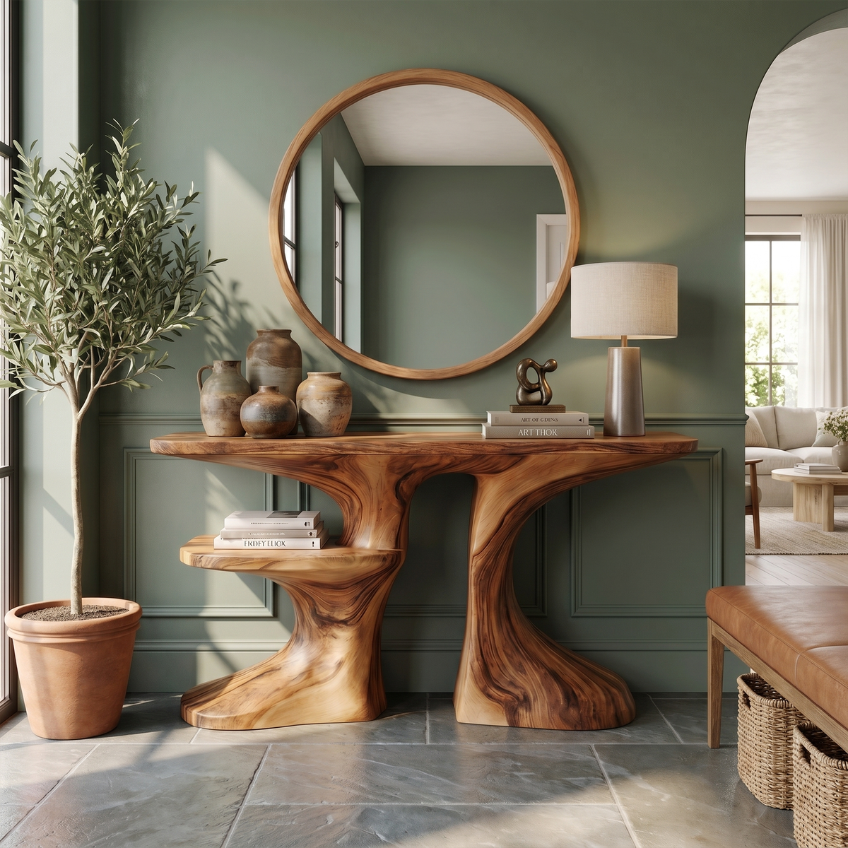 Organic Console Table With Live Edge Countertop And Sculptural Solid Wood Base For Entryway - view 6 of 8