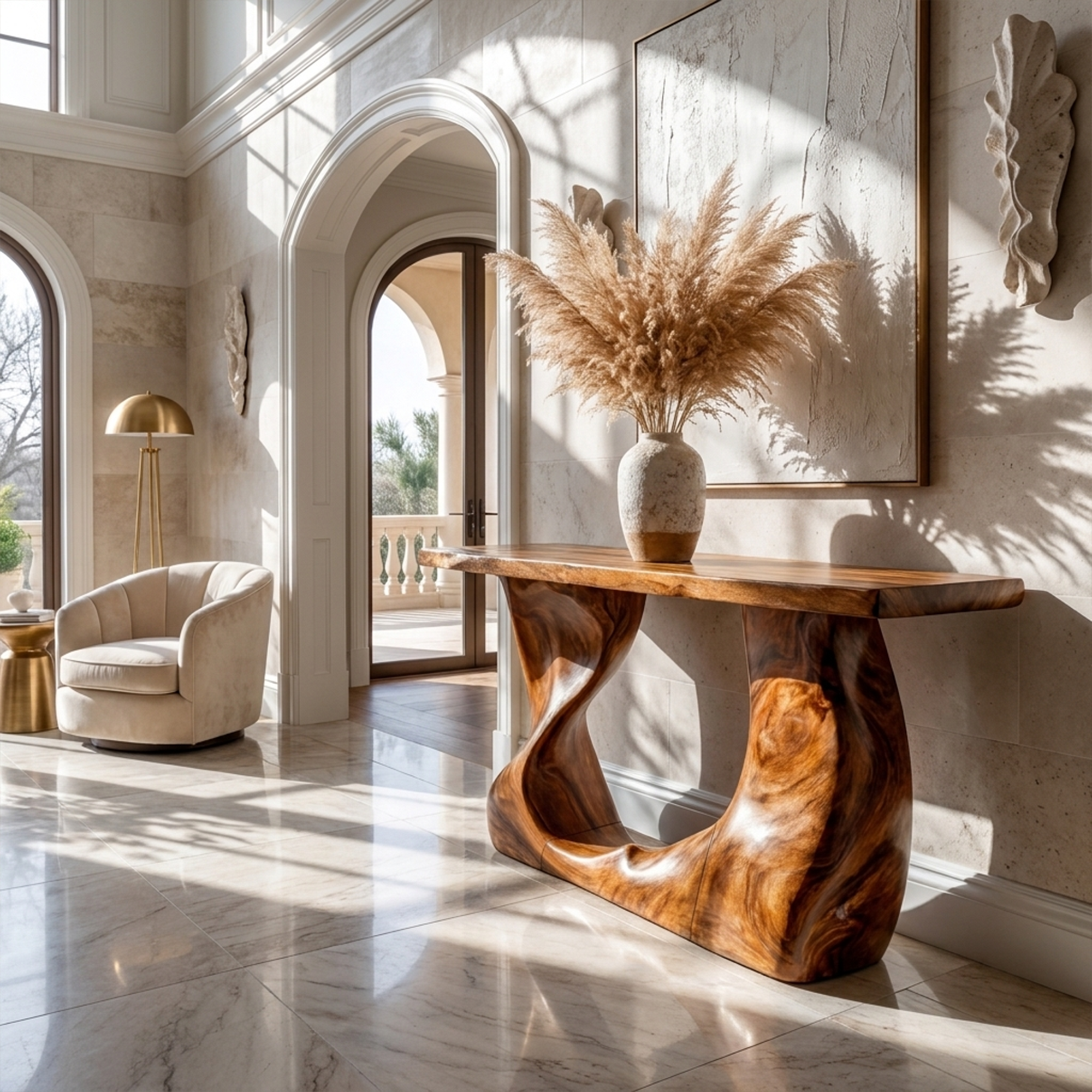 Rustic Modern Console Wavy Carved Wood Entry Hall - view 6 of 8
