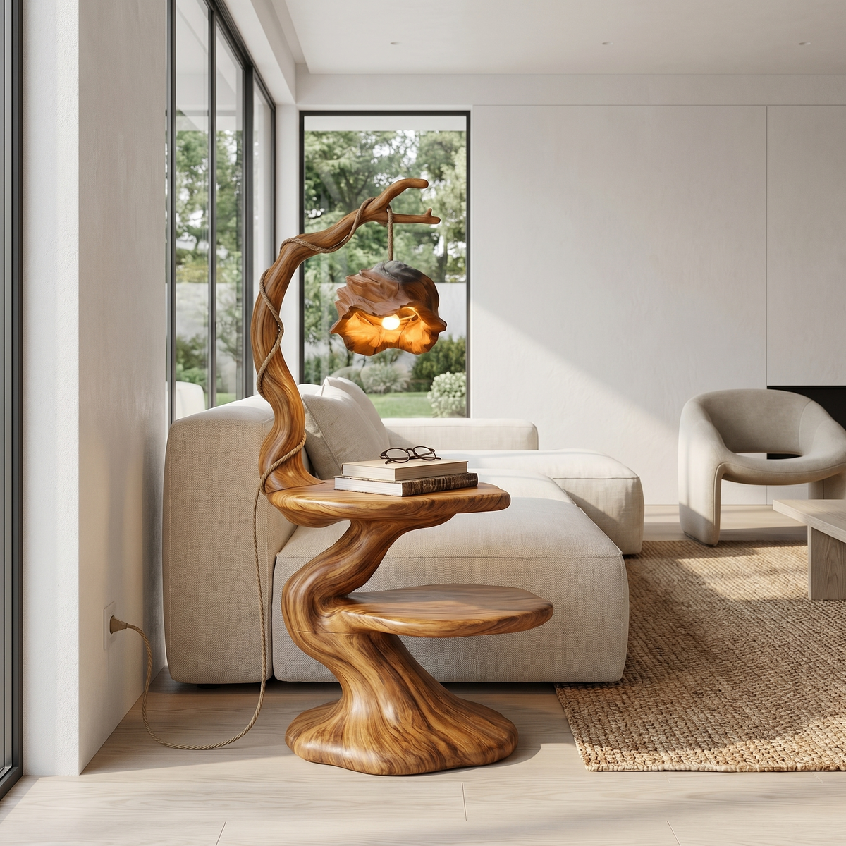 Rustic Beside Table With Tree Root Design And Hanging Lamp For Living Room - view 6 of 8