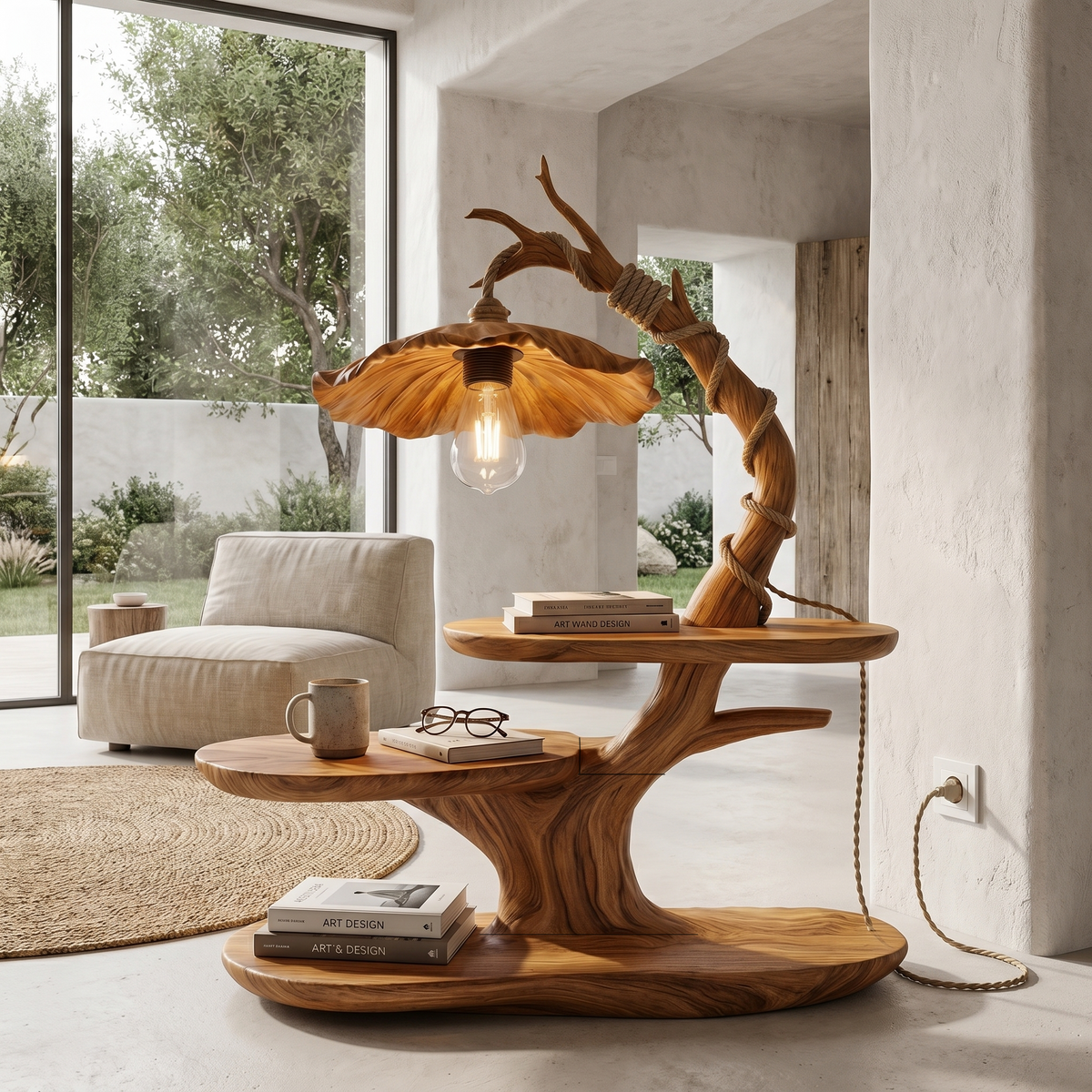 Sculptural Beside Table With Tree Branch Lamp And Open Storage Shelves For Living Room - view 6 of 8