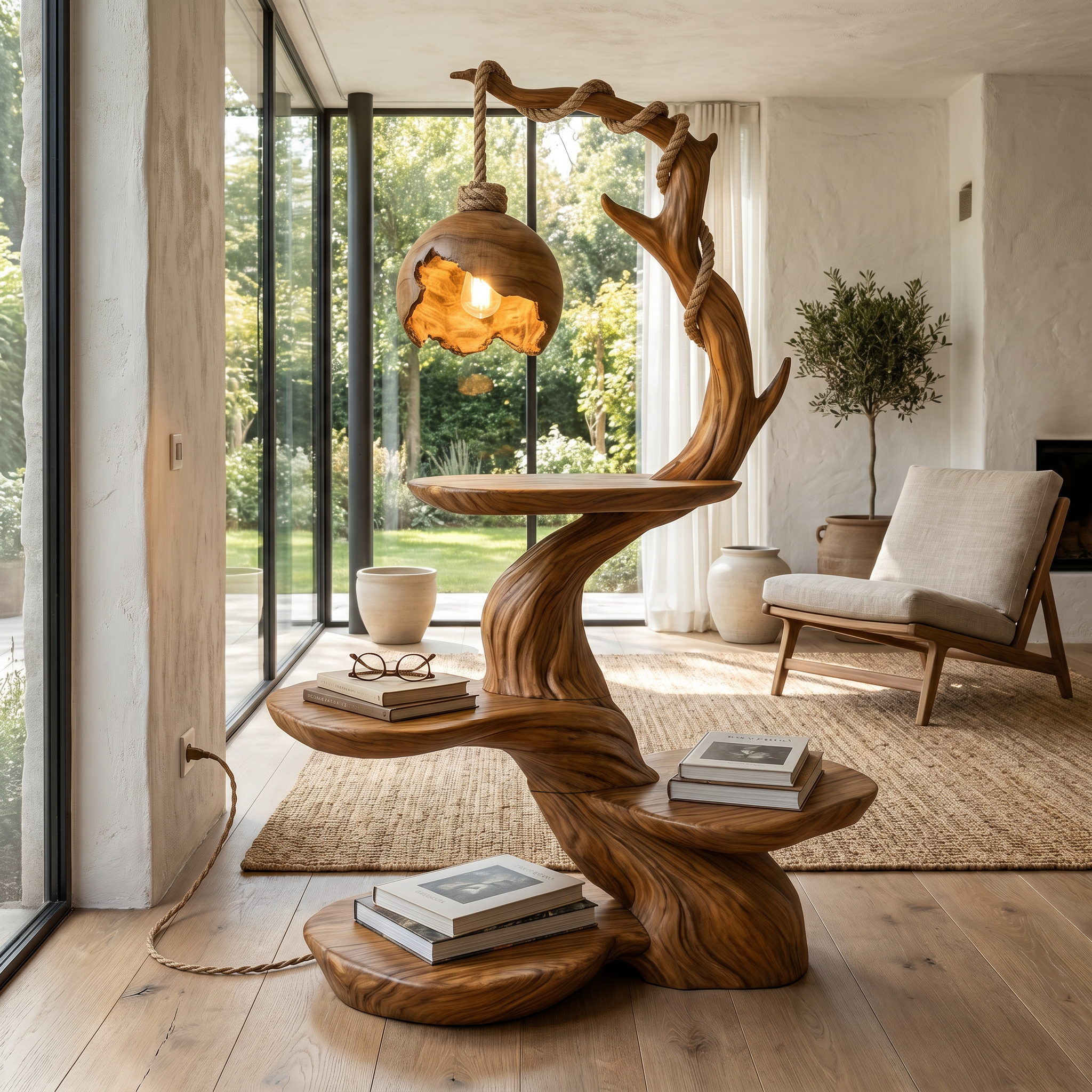 Nature Inspired Beside Table With Sculptural Tree Form And Ambient Lamp For Living Room - view 6 of 8