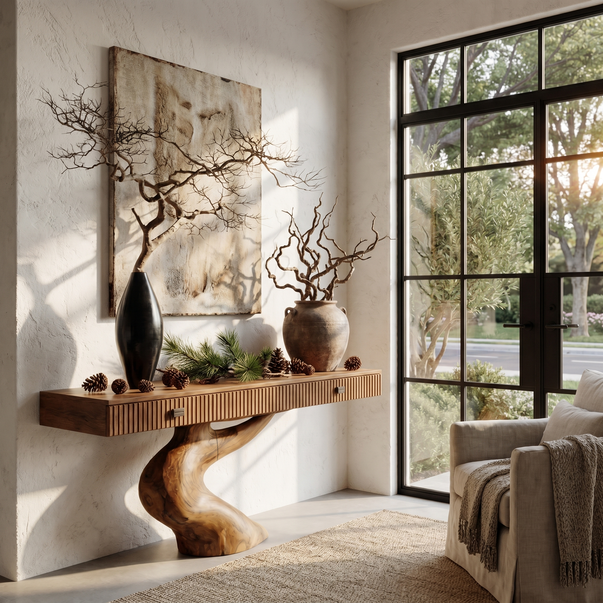 Rustic Console Table With Integrated Drawers And Artistic Tree Root Pedestal For Living Room - view 6 of 8