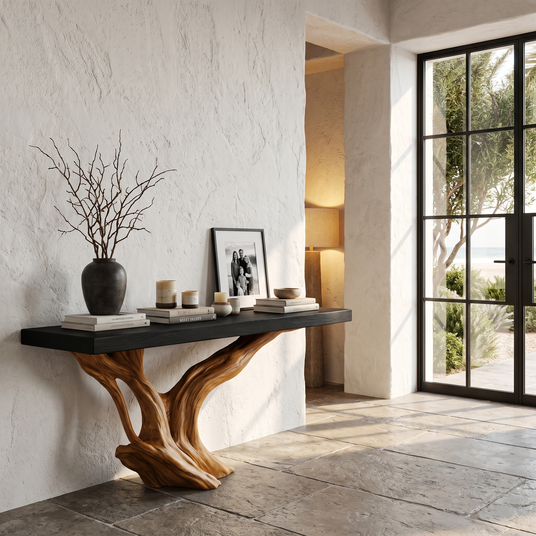 Organic Wall Mounted Console Table With Sculptural Wood Base For Hallway - view 6 of 8