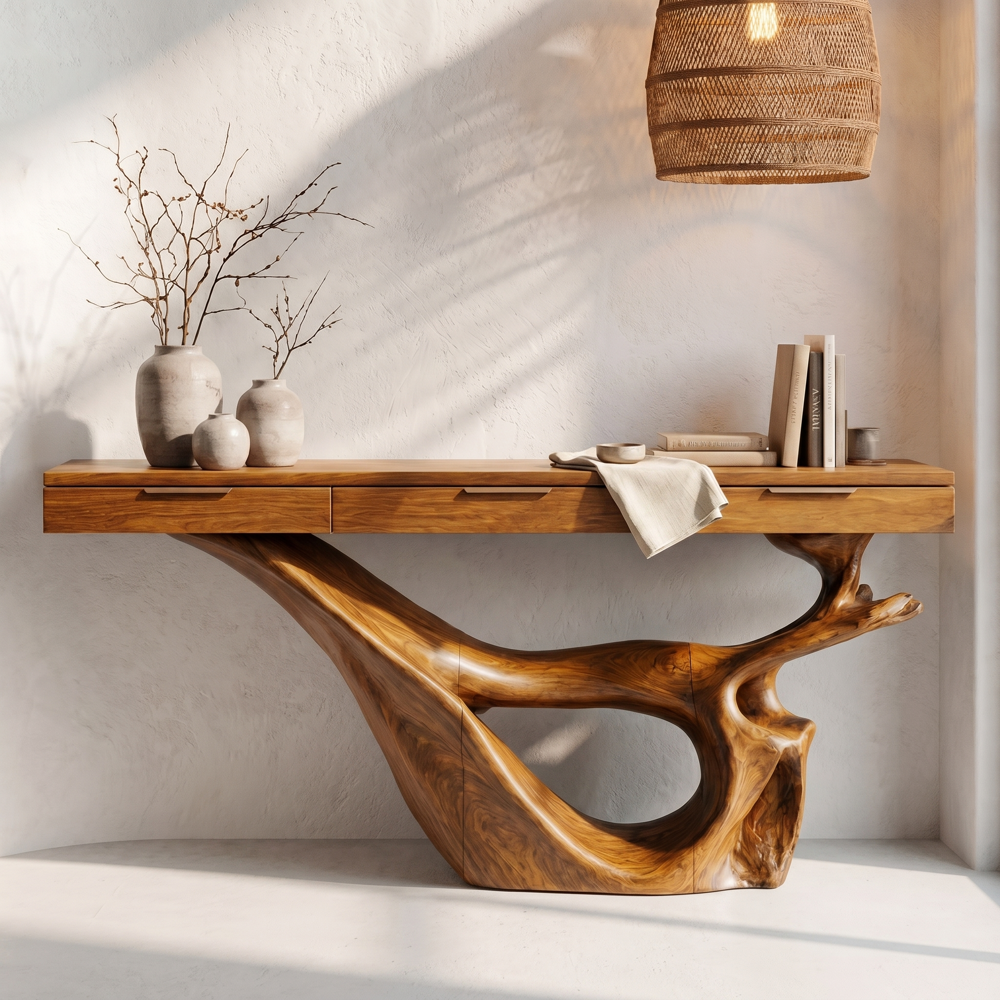 Minimal Console Table With Sculptural Curved Loop Wood Base And Solid Wood Top For Entryway And Living Room - view 6 of 8