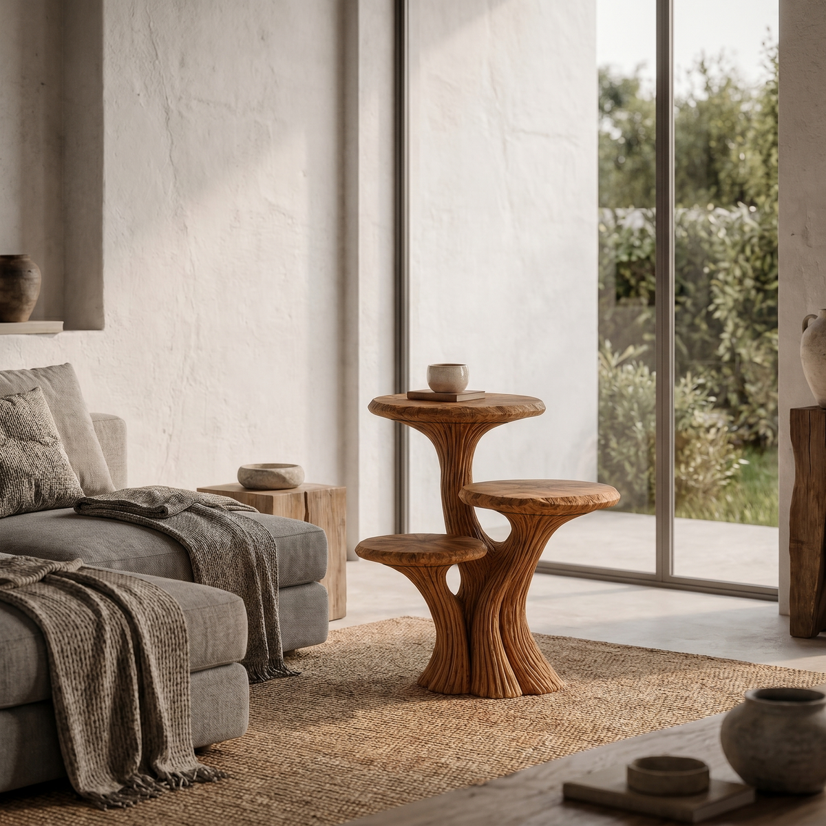 Contemporary Tiered Side Table With Sculptural Solid Wood Design For Living Room And Bedroom - view 6 of 8