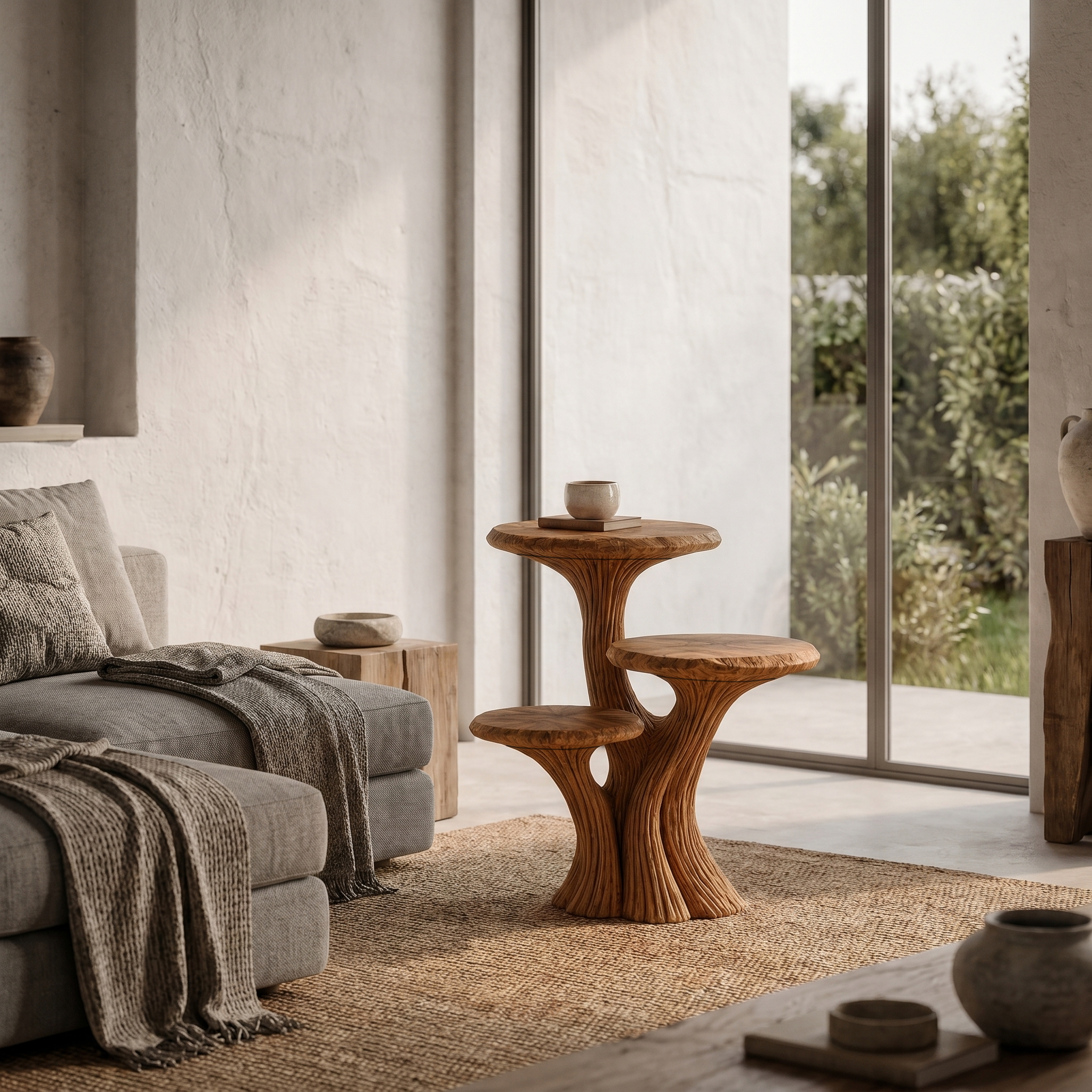 Contemporary Tiered Side Table With Sculptural Solid Wood Design For Living Room And Bedroom - view 6 of 8