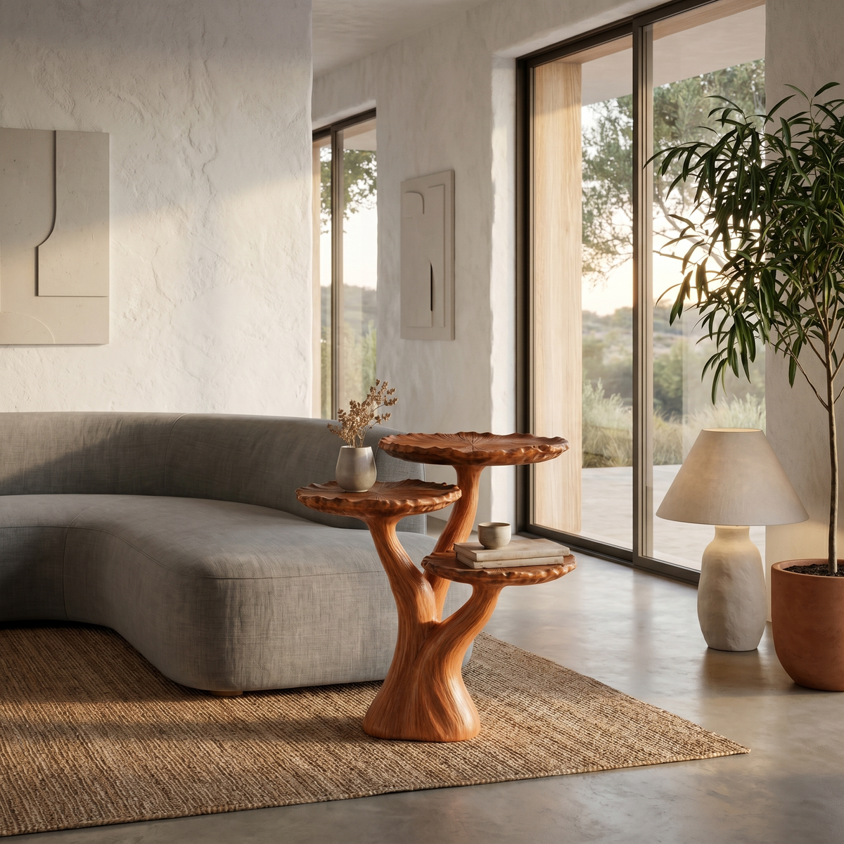 Organic Sculptural Side Table With Multi Tier Solid Wood Shelves For Living Room And Bedroom - view 6 of 8