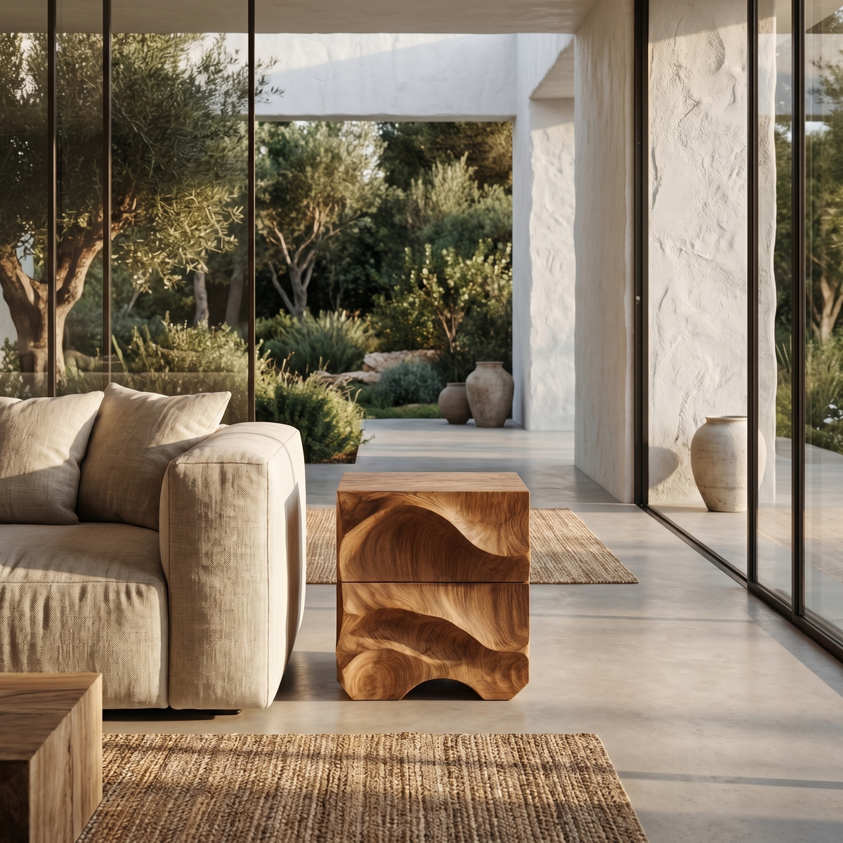 Rustic Sculptural Side Table With Hand Carved Solid Wood Base For Living Room And Bedroom - view 6 of 8