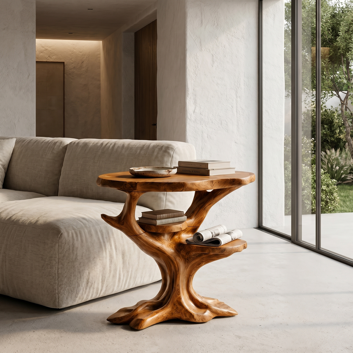 Organic Sculptural Side Table With Solid Wood Display Shelves For Living Room And Bedroom - view 6 of 8