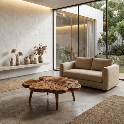 Rustic Leaf Coffee Table With Hand Carved Solid Wood Design For Living Room - view 6 of 8