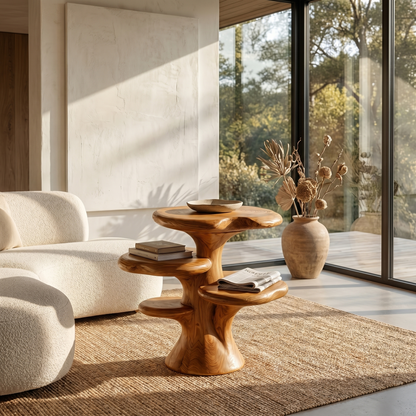 Organic Sculptural Beside Table With Tiered Solid Wood Shelves For Living Room - view 6 of 8