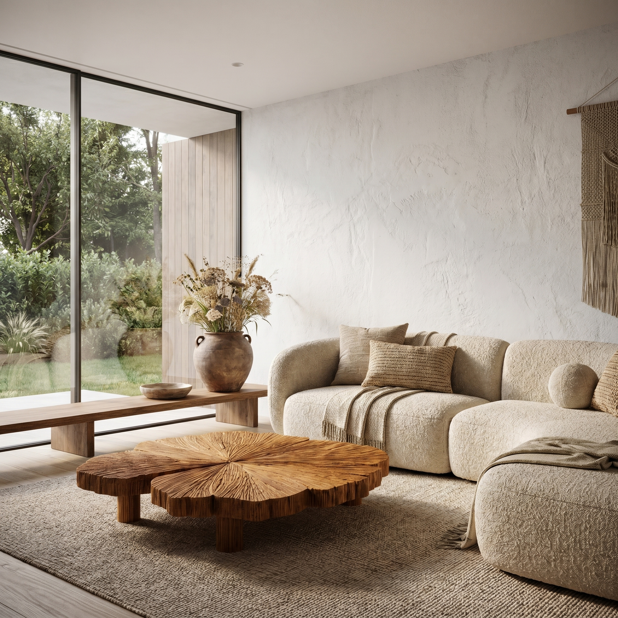 Rustic Coffee Table With Hand Carved Organic Wood Top And Chunky Pedestal Legs For Living Room - view 6 of 8