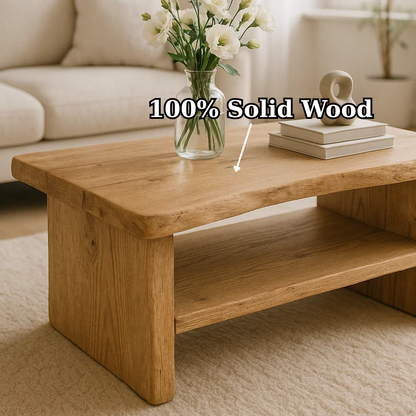 Handcrafted Solid Oak Coffee Table - Live Edge, Rustic Modern with Open Shelf - view 5 of 6