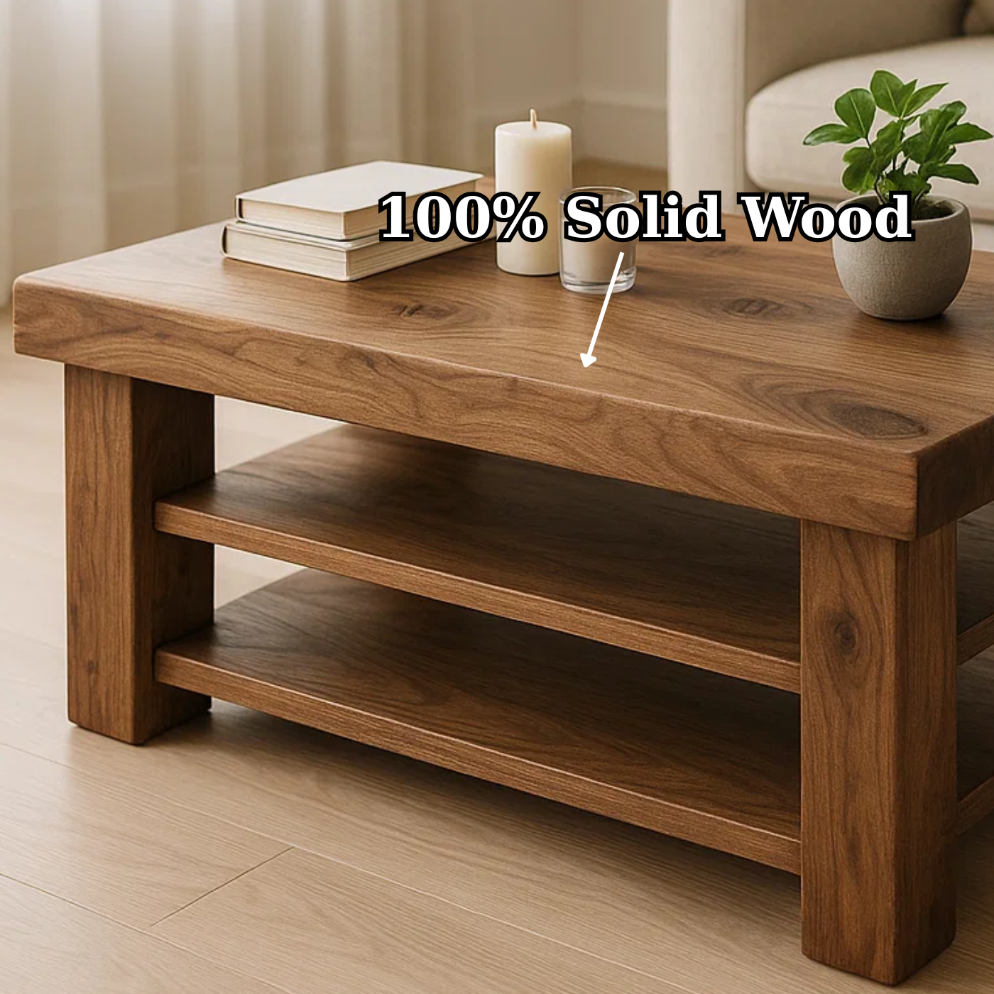 Handcrafted Solid Walnut Coffee Table - Rustic Modern with 2 Open Shelves - view 3 of 6