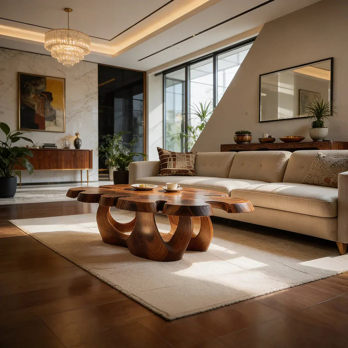Sculptural Live Edge Natural Wood Coffee Table with Multi-Form Base - view 3 of 7