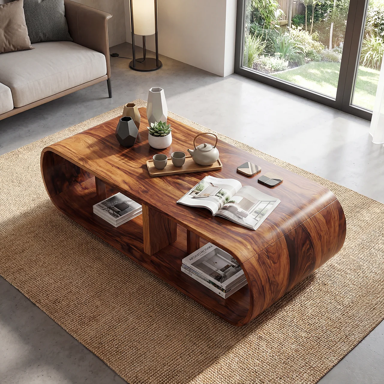 Curved Waterfall Coffee Table with Integrated Open Shelving - view 4 of 7