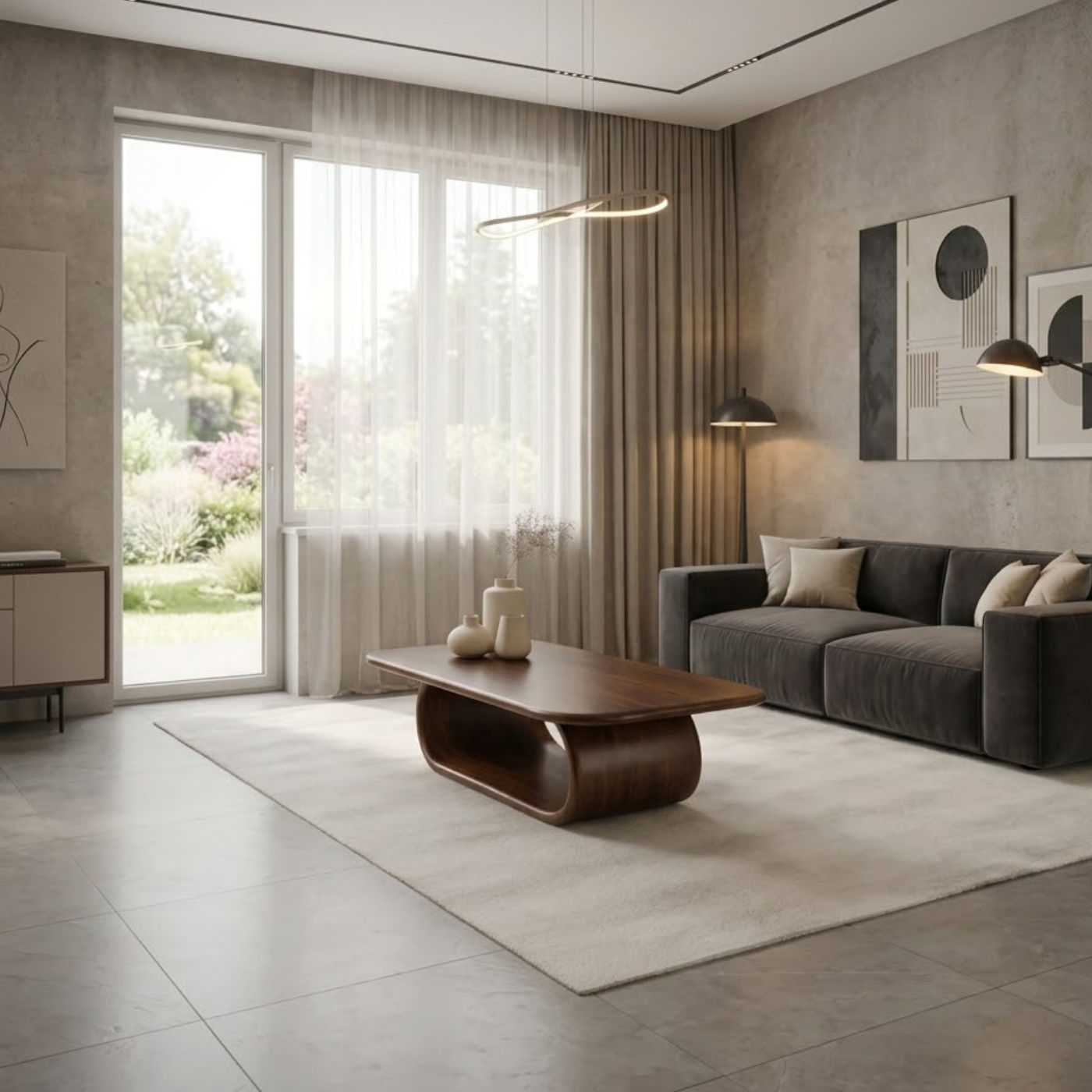Sculptural Walnut Coffee Table with Curved Design and Open Shelf, Modern Living Room Décor - view 2 of 9