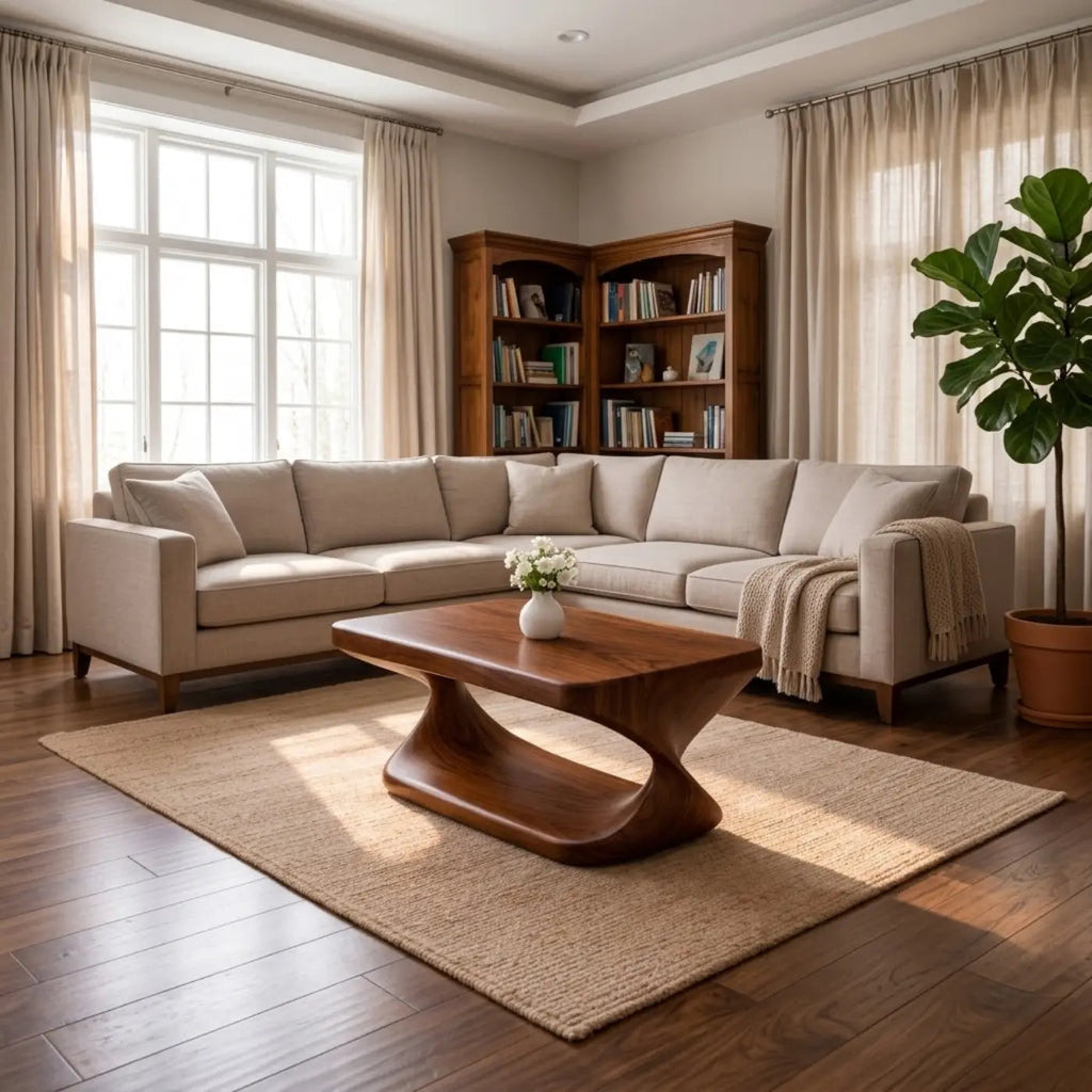 Modern Solid Wood Coffee Table with Sculptural Curved Base and Rectangular Wood Top - view 2 of 9