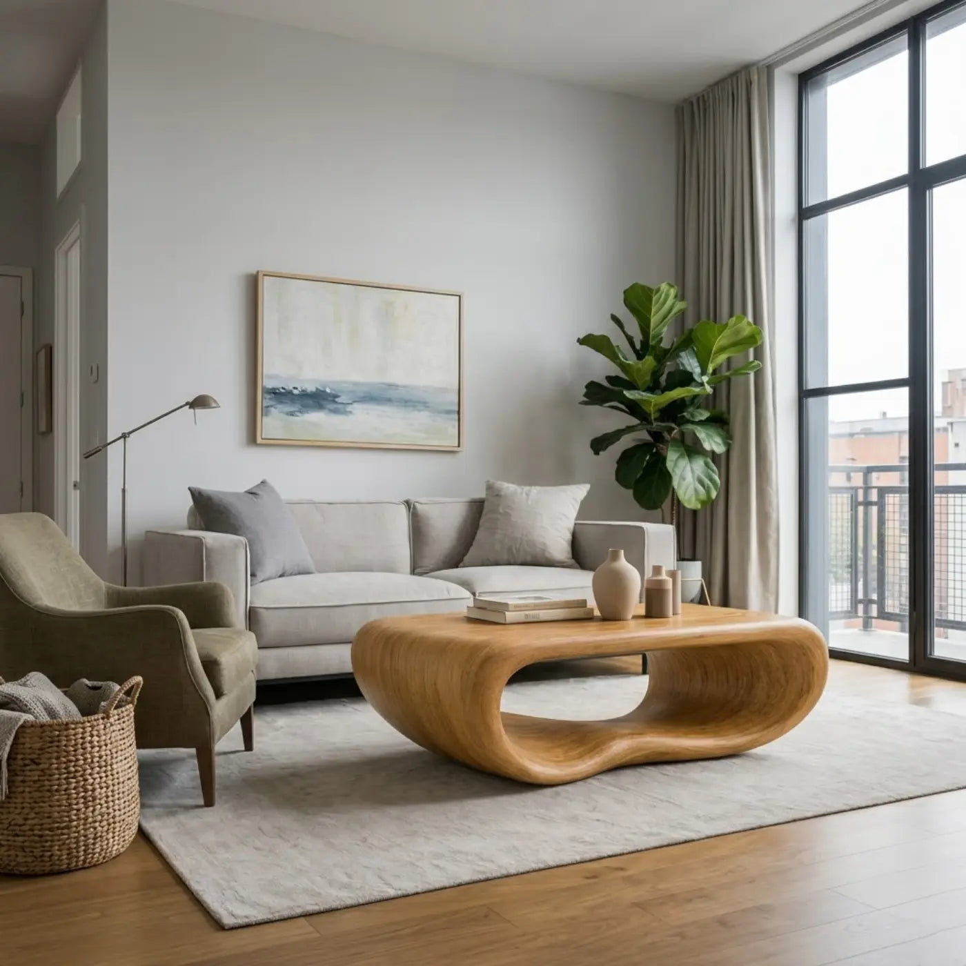 Modern Solid Wood Coffee Table with Sculptural Curved Design Minimalist Living Room Table - view 2 of 9