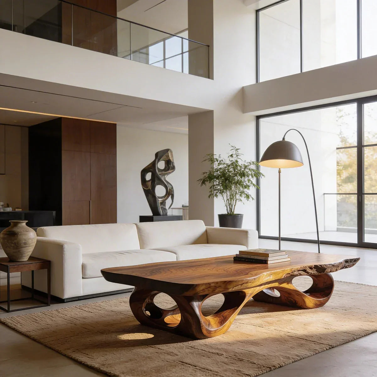 Sculptural Natural Wood Coffee Table with Organic Carved Base - view 3 of 7