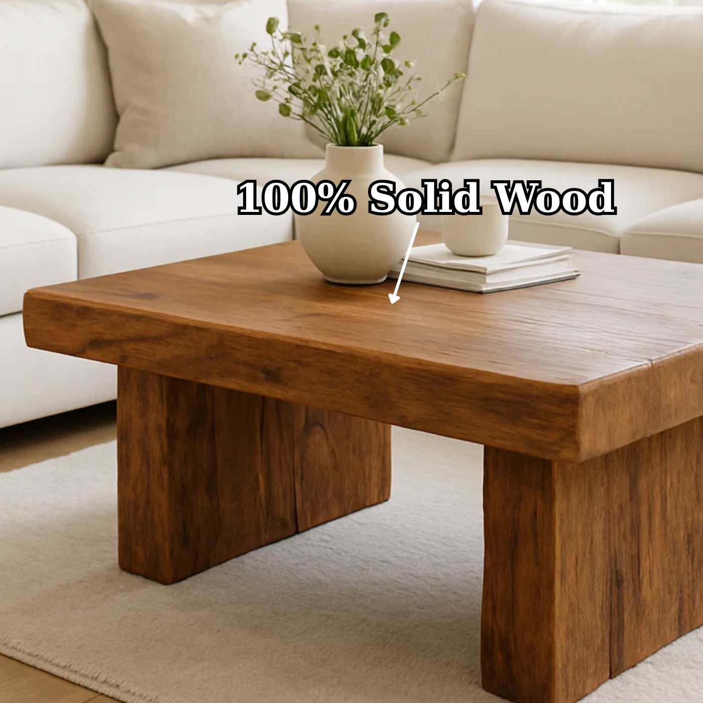 Handcrafted Solid Wood Coffee Table – Rustic Block Base Design for Living Room - view 6 of 6