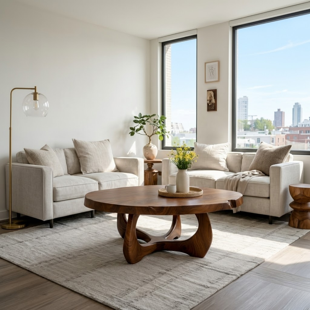 Modern Round Solid Wood Coffee Table with Sculptural Pedestal Base - view 2 of 9