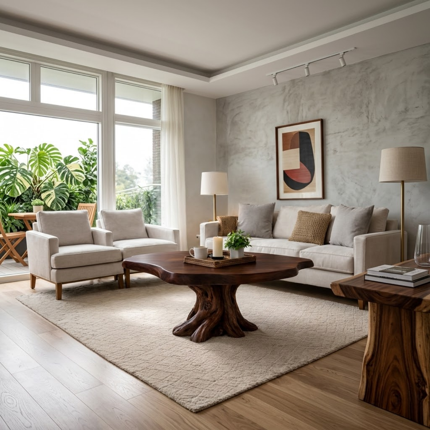 Solid Wood Round Coffee Table for Rustic Living Room with Tree Root Base - view 2 of 9