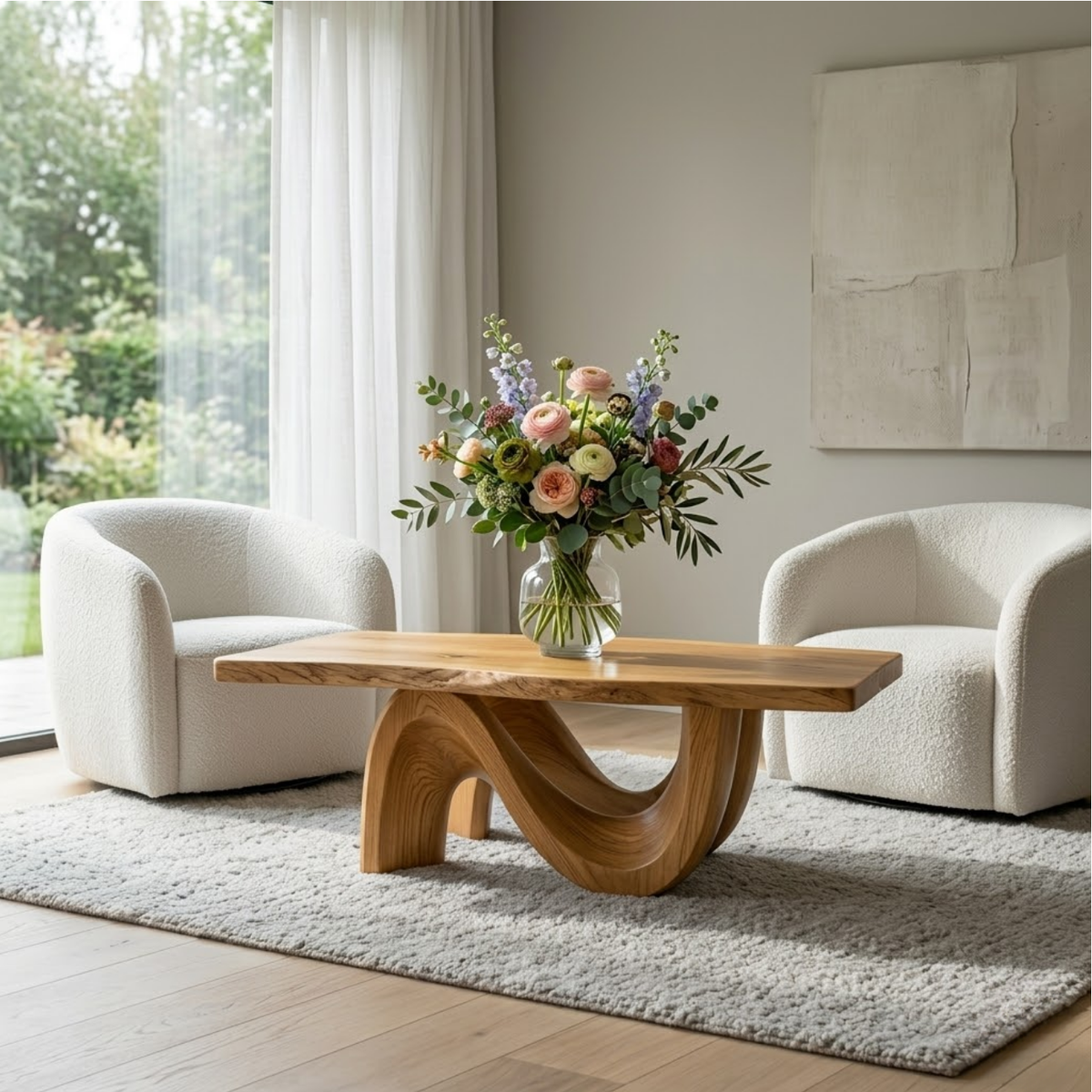 Solid Wood Coffee Table for Modern Living Room with Sculptural Curved Base - view 2 of 9