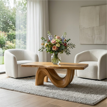 Solid Wood Coffee Table for Modern Living Room with Sculptural Curved Base - view 2 of 9