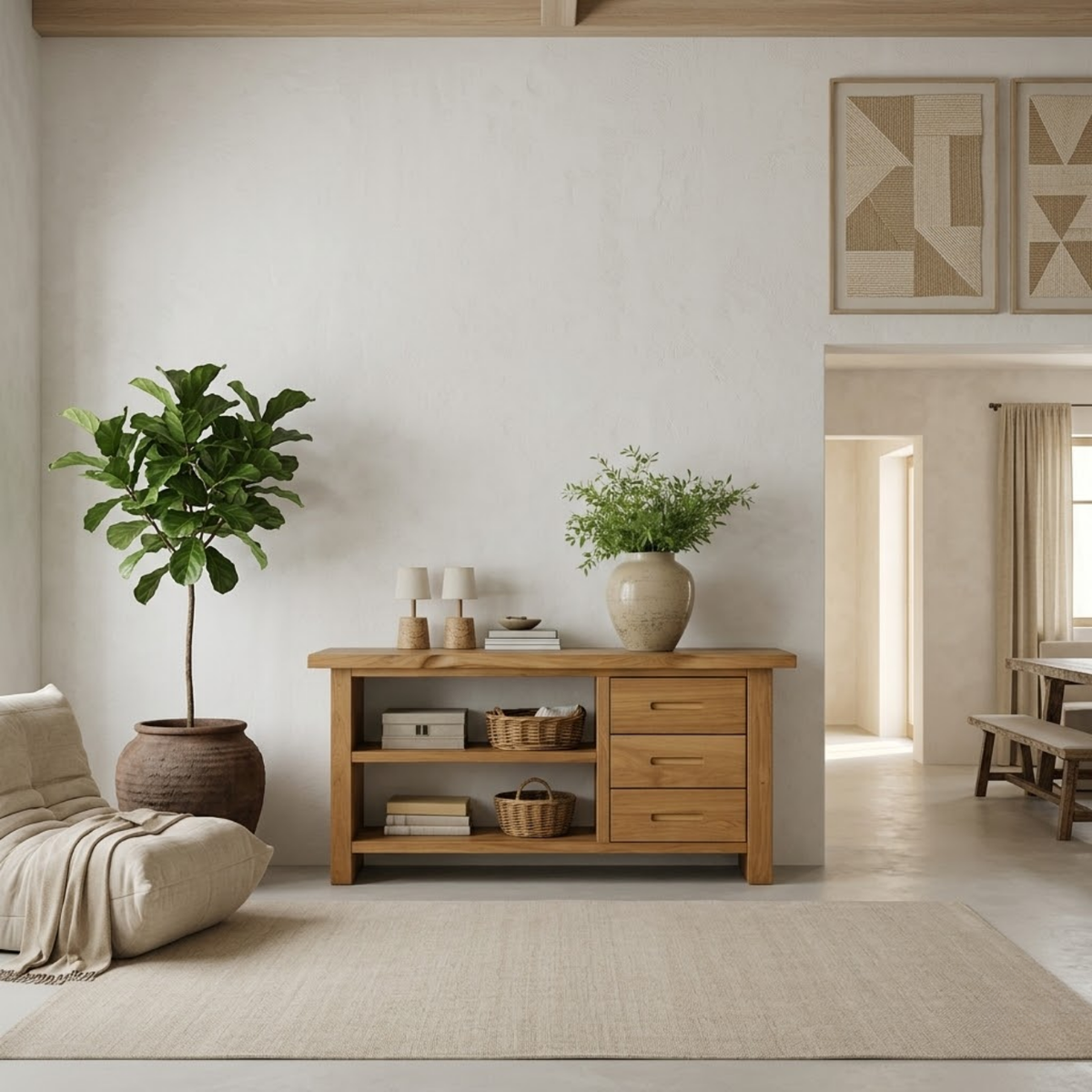 Solid Wood Console Table for Living Room with Open Shelves and Drawers - view 2 of 9
