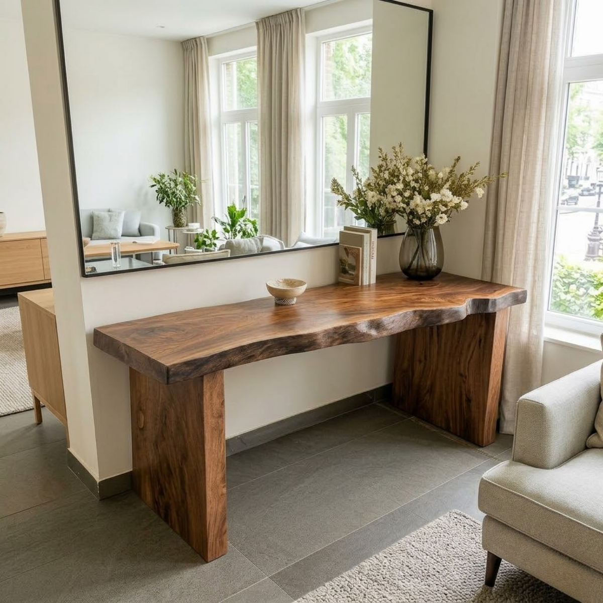 Solid Wood Console Table with Live Edge Top and Simple Block Base - view 2 of 9