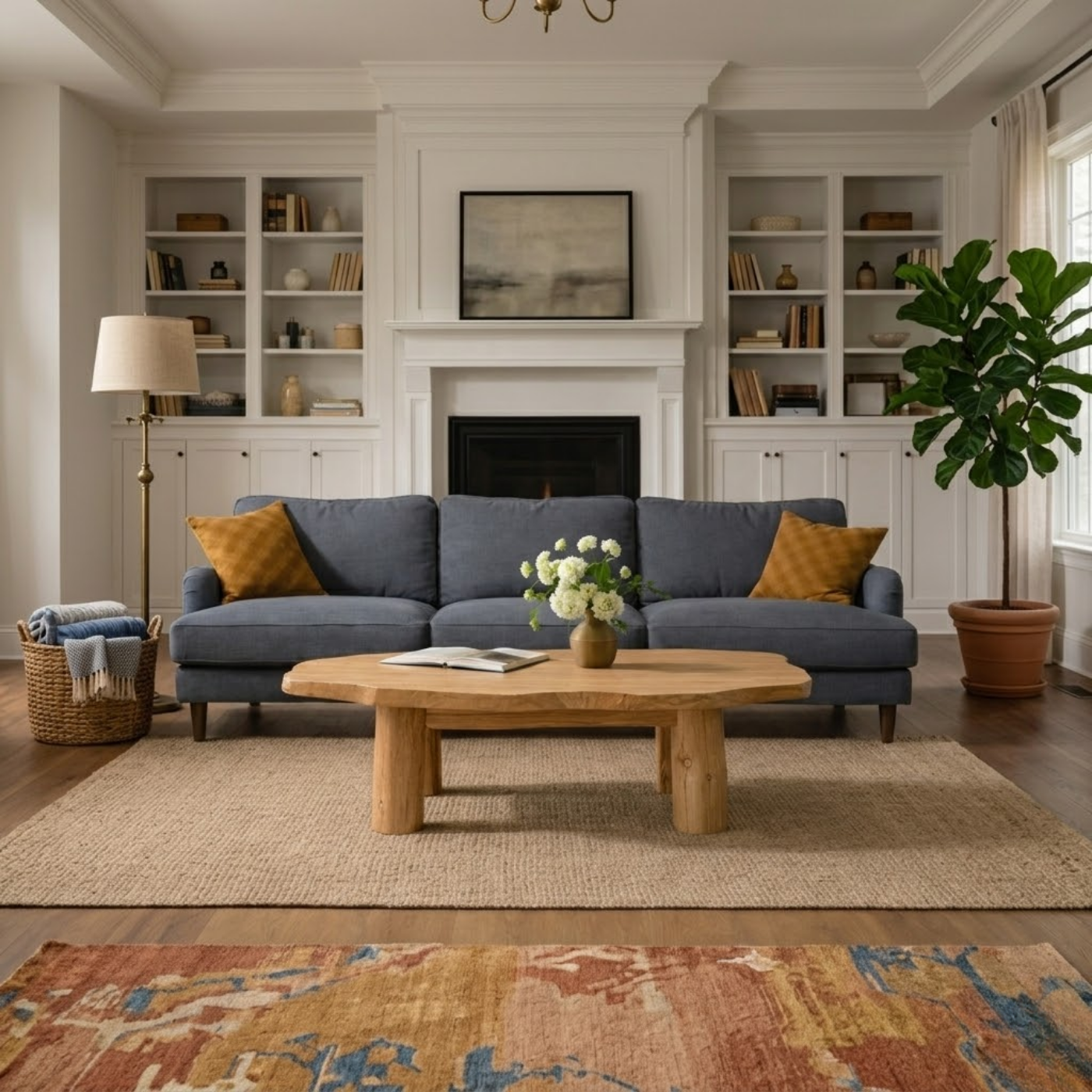 Solid Wood Round Coffee Table with Chunky Legs – Rustic Natural Wood Living Room Table - view 2 of 9