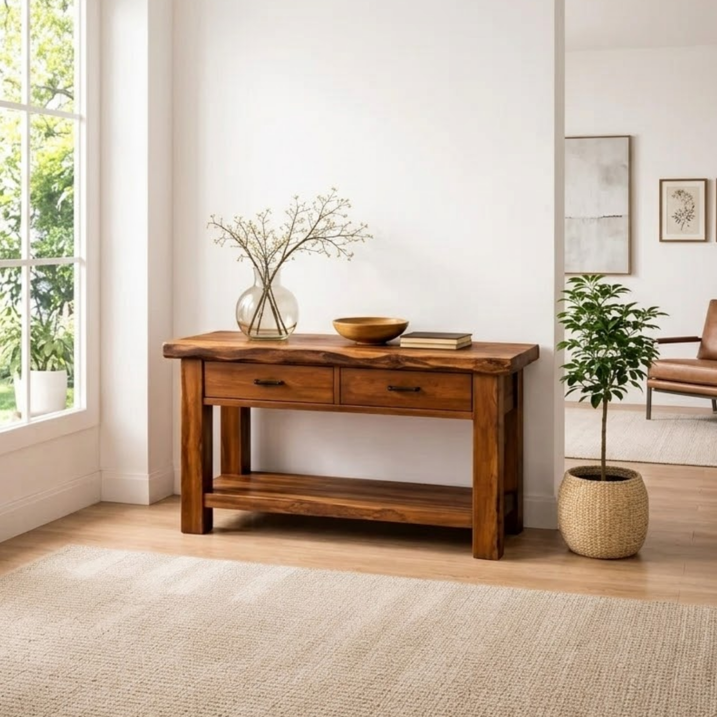 Solid Wood Console Table with Drawers and Shelf - view 2 of 9