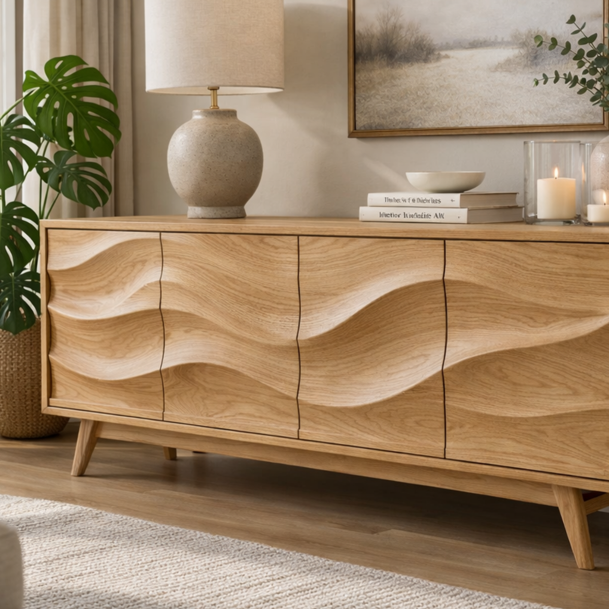 Solid Wood Console Table with Sculptural Wave Front for Modern Living Space - view 2 of 9
