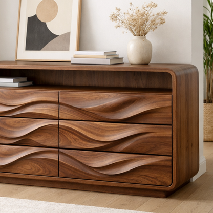Solid Wood Console Table with Drawer Storage and Sculptural Wave Front Design - view 2 of 9