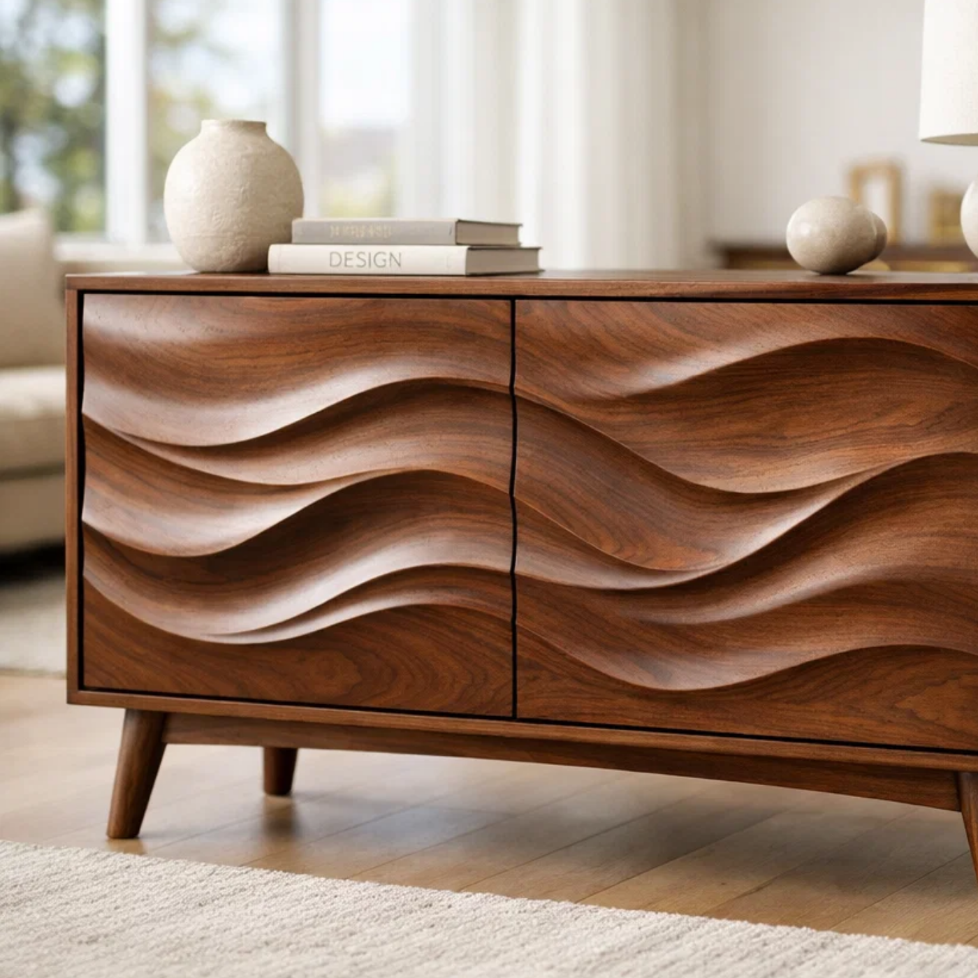 Solid Wood Console Table with Sculptural Wave Doors and Mid-Century Legs - view 2 of 9
