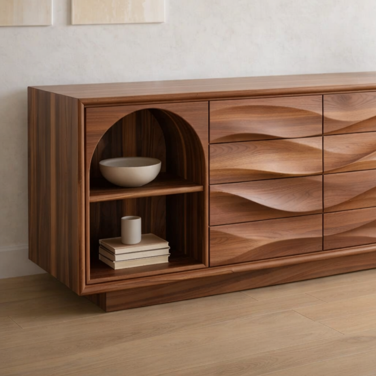 Solid Wood Console Table with Wave Drawer Front and Arched Shelf Storage for Modern Home - view 2 of 9