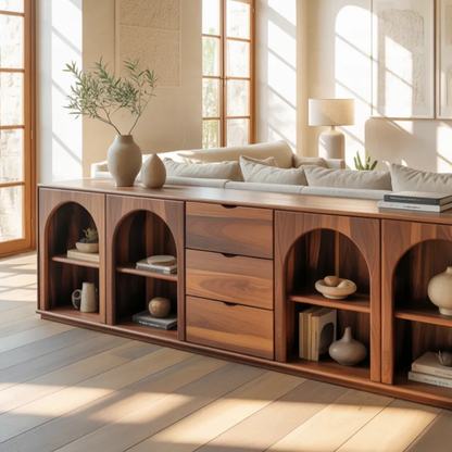 Solid Wood Console Table with Arched Shelves and Center Drawer Storage for Living Room - view 2 of 9