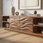 Solid Wood Console Table with Wave Carved Drawers and Open Shelf Design - view 2 of 9
