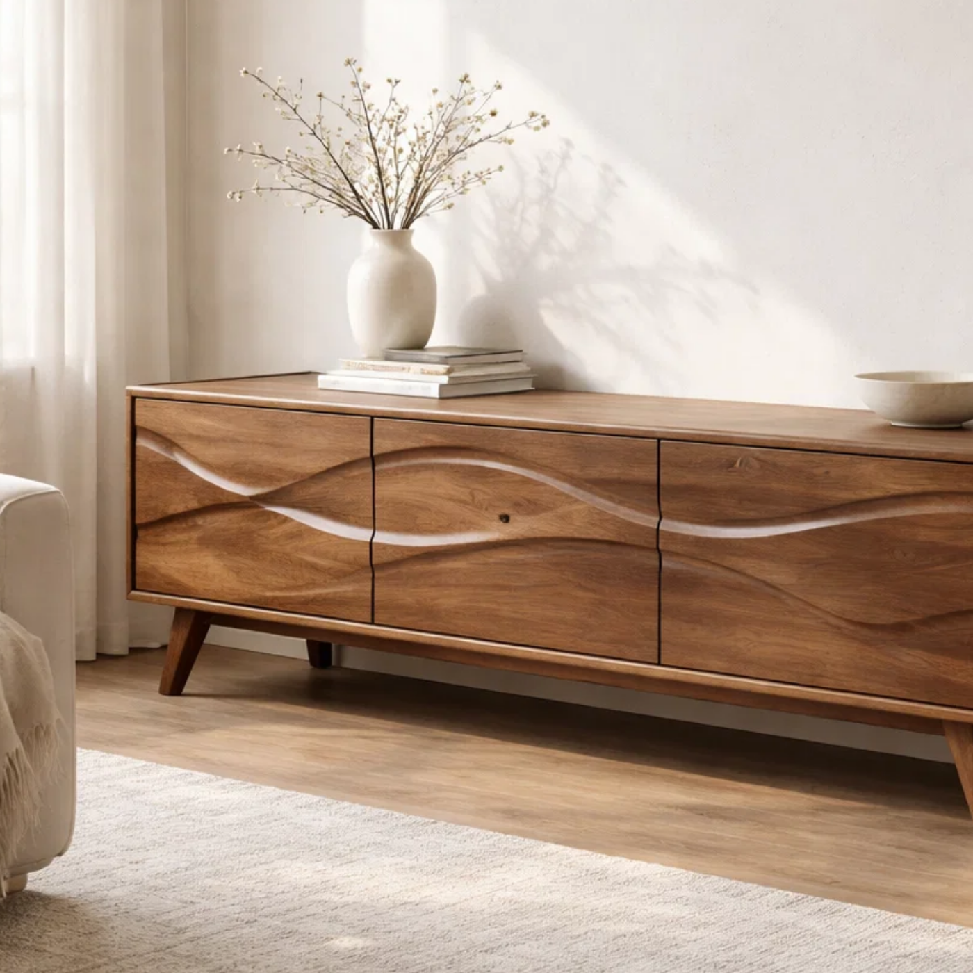Solid Wood Console Table with Minimal Wave Carved Doors for Modern Living Room - view 2 of 9