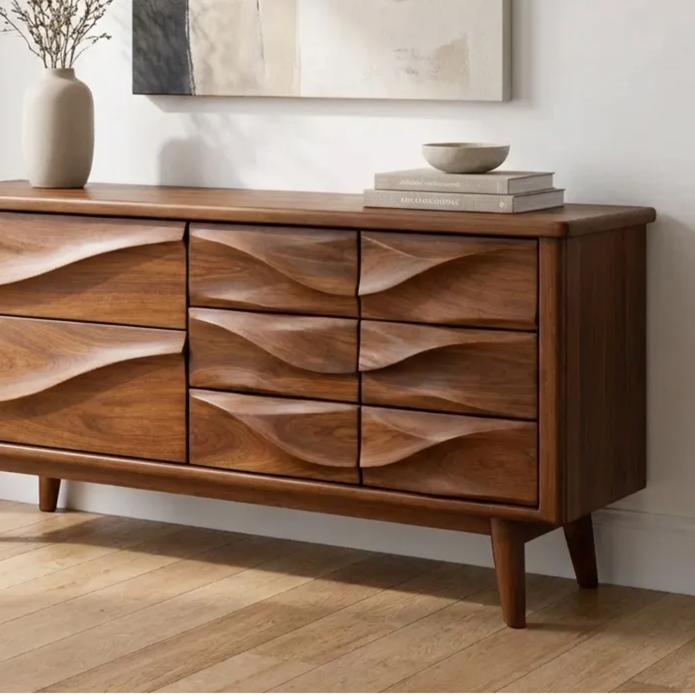 Solid Wood Console Table with Multi Drawer Wave Front Design for Modern Home - view 2 of 9