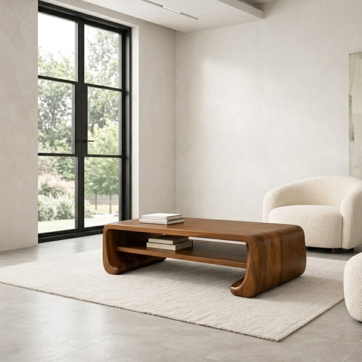 Handcrafted Solid Wood Sculptural Coffee Table with Open Shelf - view 2 of 9